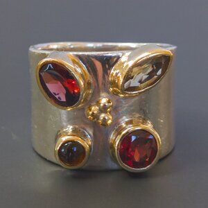 Michou Sterling & 22k Vermeil Wide-Band Ring w / Garnet, Citrine & Amber